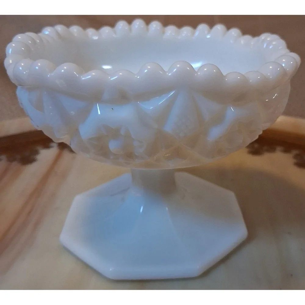 Vintage White Milk Glass Pedestal Candy Dish Hobnail Rim Diamond Point Floral